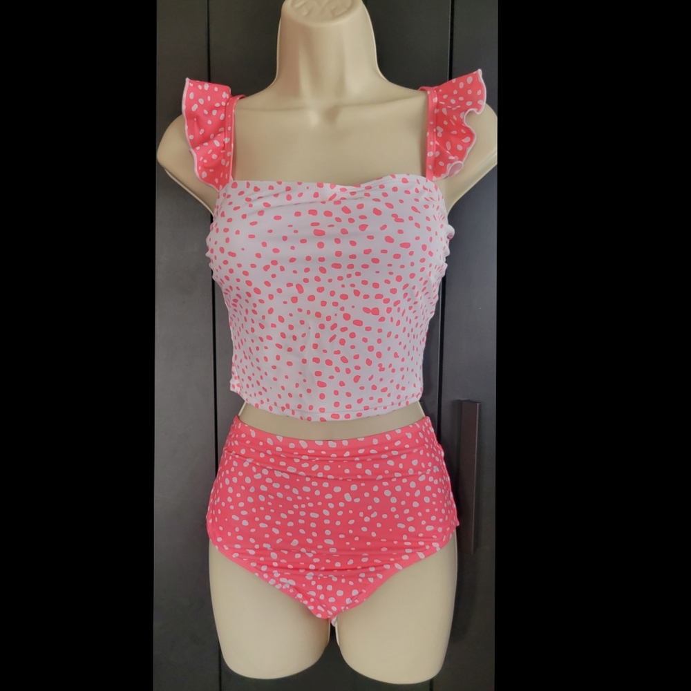 Foshow Womens Ruffle Print Polka Dot High Waisted Two Piece